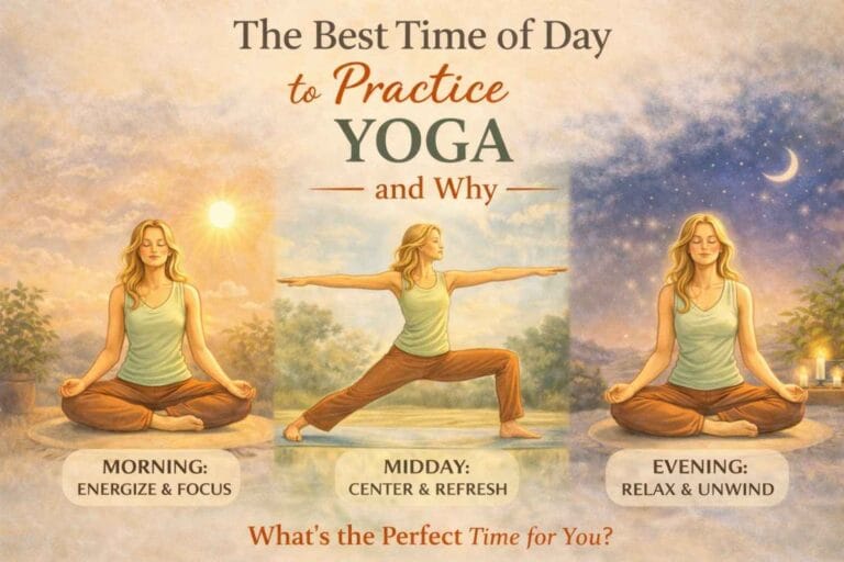 An illustration showing a woman practicing yoga at different times of the day, morning, midday, and evening, each highlighting different benefits like energy, balance, and relaxation.