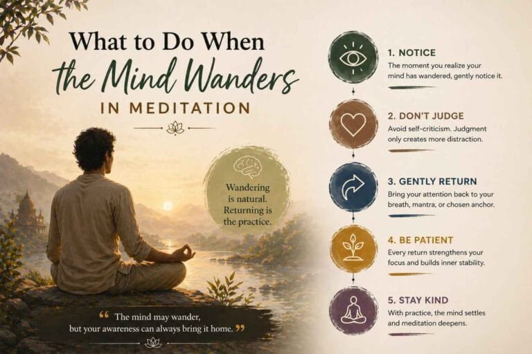 A serene illustration of a person meditating by a riverside at sunrise, viewed from behind, with a soft glowing landscape and minimal guidance icons beside them explaining how to respond when the mind wanders during meditation.