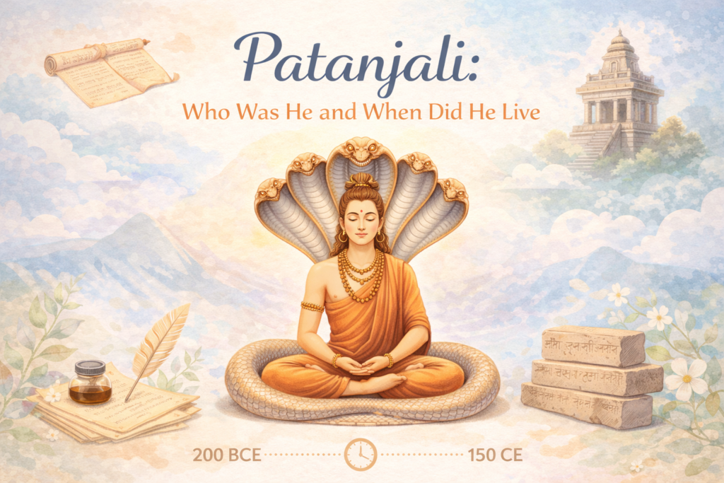 Pastel illustration of sage Patanjali in meditation with serpent hood, ancient scriptures, and temple background representing the origins of Yoga philosophy