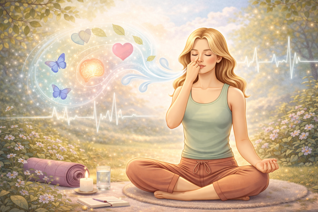 Woman practicing pranayama (alternate nostril breathing) outdoors, symbolizing breath control and calmness for anxiety relief.