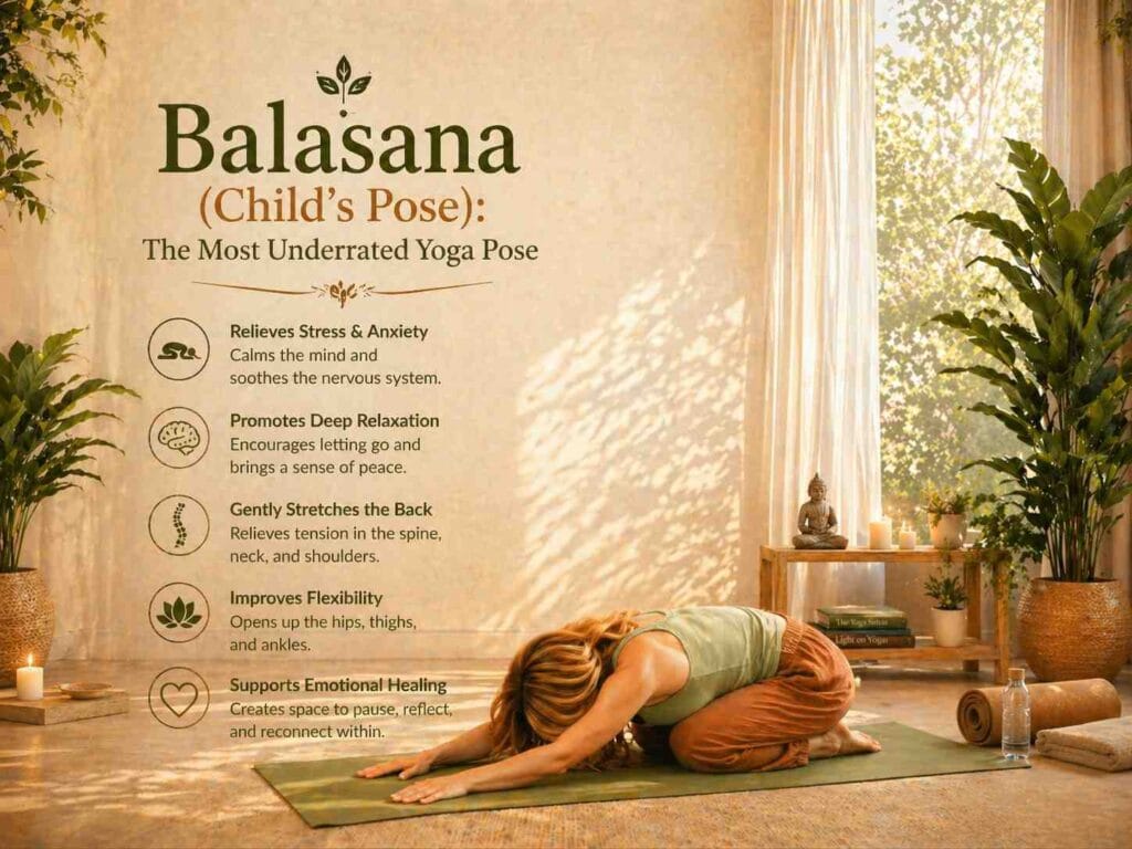 A warm yoga infographic showing a woman practicing Balasana (Child’s Pose) on a yoga mat in a peaceful studio with candles, plants, and soft sunlight. The image includes simple wellness icons and brief sections explaining the benefits and practice of Child’s Pose.