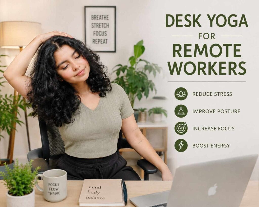 A modern wellness infographic titled “Desk Yoga for Remote Workers” featuring a young woman practicing gentle seated stretches in a cozy home office. The design includes simple desk yoga poses such as neck rolls, shoulder rolls, seated twists, side stretches, and wrist stretches, along with calming green tones, plants, and productivity-focused workspace decor.