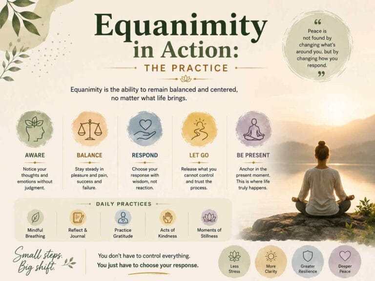 A calm, minimalist infographic titled “Equanimity in Action: The Practice,” featuring soft earthy tones, mindful icons, and a peaceful meditation scene by a lake at sunrise, illustrating balance, awareness, letting go, and presence.