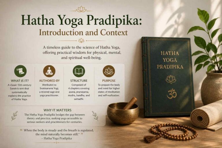 A clean, minimal infographic on Hatha Yoga Pradipika featuring a traditional book, mala beads, and a singing bowl on a wooden surface, with soft natural light and sections explaining its origin, structure, and purpose.