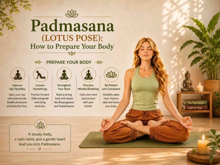 A calm, warm-toned illustration of a woman practicing Padmasana (Lotus Pose) on a yoga mat in a peaceful indoor setting, with soft sunlight, plants, and minimal decor. Informational sections about preparing the body are displayed around her.