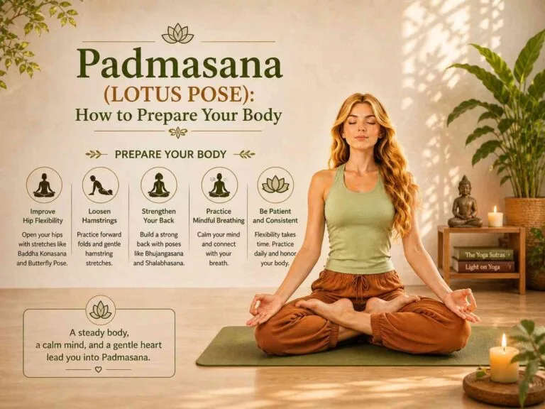 A calm, warm-toned illustration of a woman practicing Padmasana (Lotus Pose) on a yoga mat in a peaceful indoor setting, with soft sunlight, plants, and minimal decor. Informational sections about preparing the body are displayed around her.