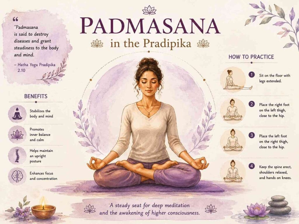 A soft watercolor infographic titled “Padmasana in the Pradipika,” featuring a meditating woman in Lotus Pose surrounded by calming lavender tones, minimal yogic symbols, and simple guidance inspired by the Hatha Yoga Pradipika.