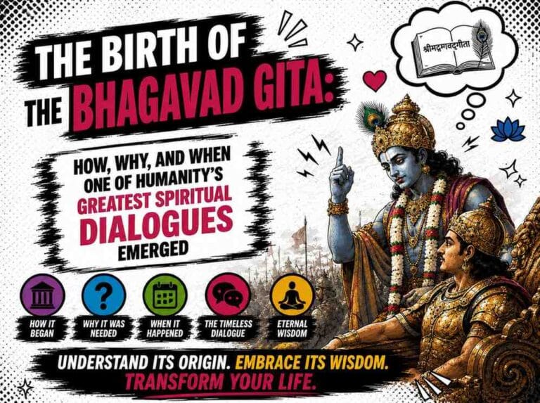 Comic-style featured image of Lord Krishna guiding Arjuna on the battlefield of Kurukshetra with bold typography about the birth of the Bhagavad Gita on a white background.