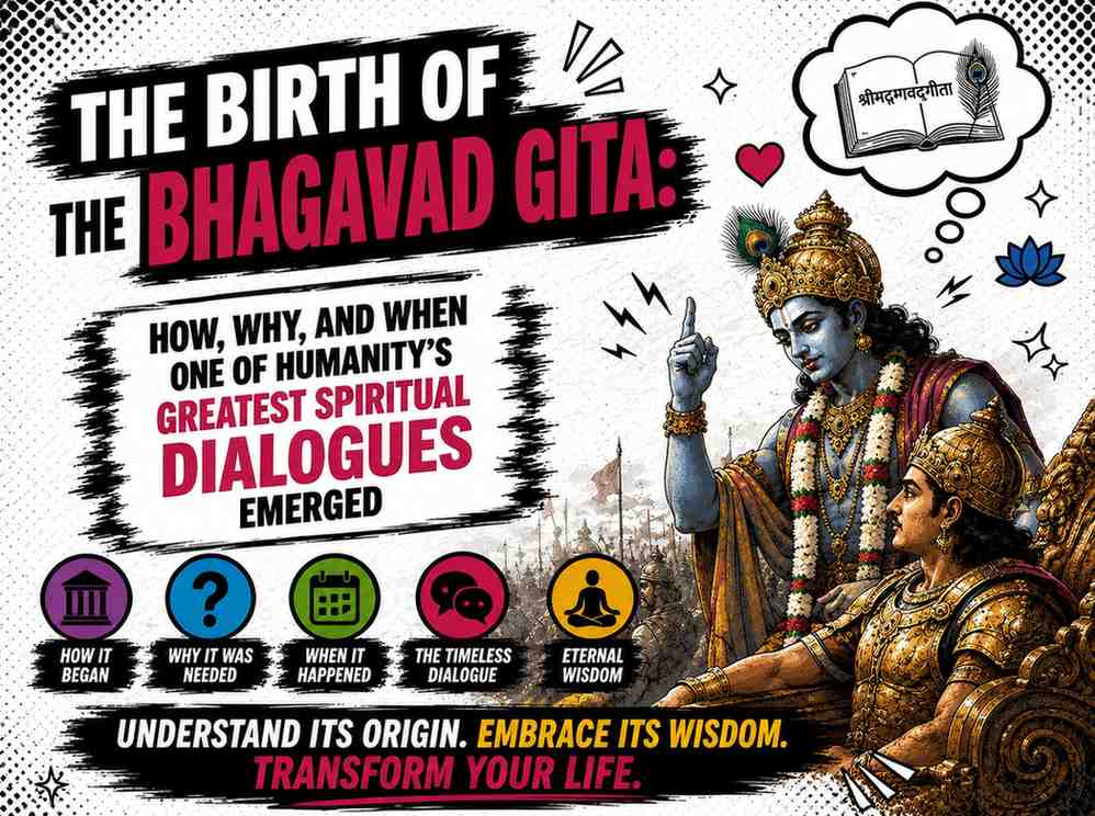 Comic-style featured image of Lord Krishna guiding Arjuna on the battlefield of Kurukshetra with bold typography about the birth of the Bhagavad Gita on a white background.