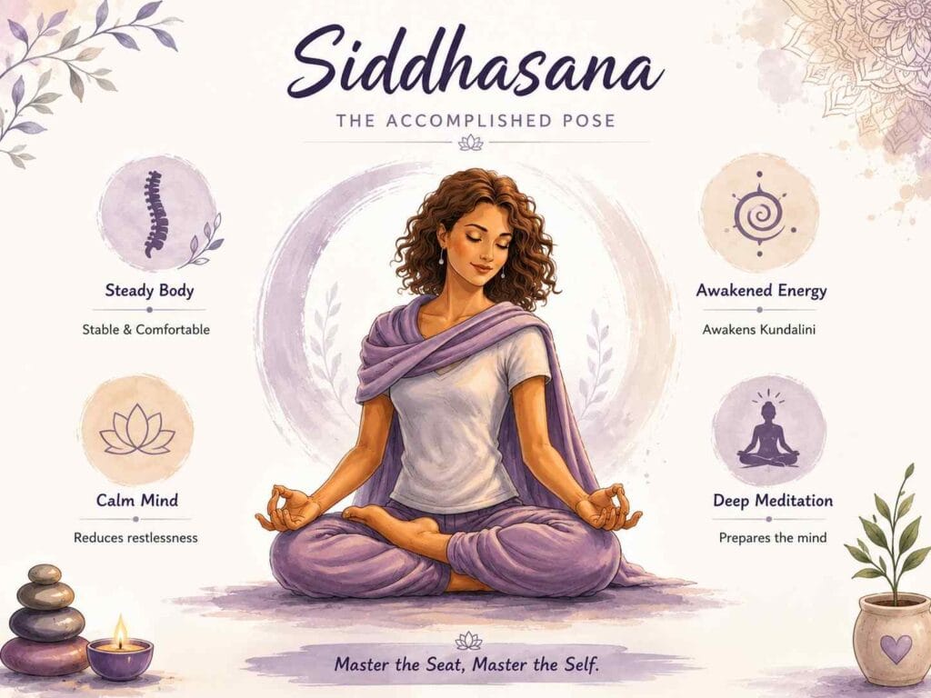 A soft watercolor-style infographic titled “Siddhasana: The Accomplished Pose,” featuring a peaceful woman seated in Siddhasana meditation posture surrounded by calming lavender tones, minimal spiritual icons, and simple benefits like steady body, calm mind, awakened energy, and deep meditation.
