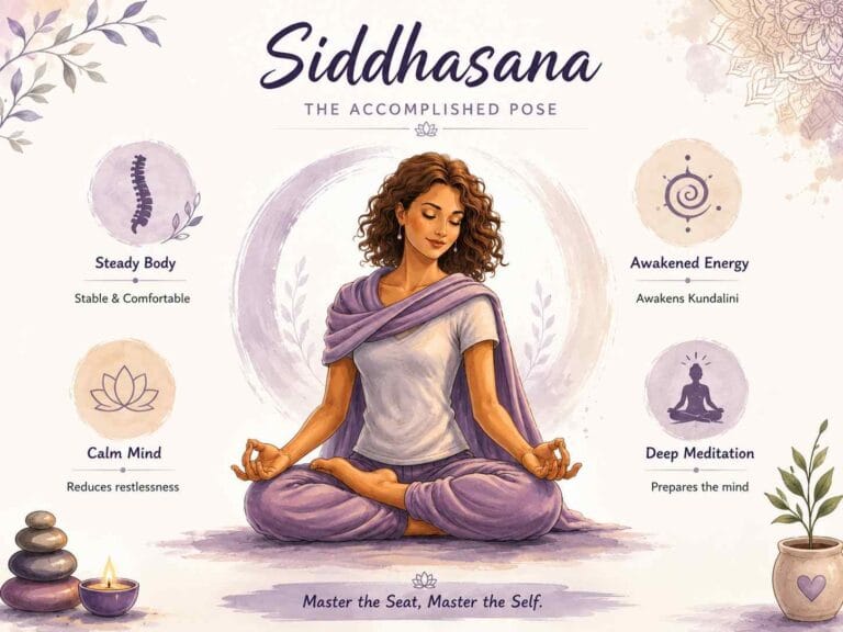 A soft watercolor-style infographic titled “Siddhasana: The Accomplished Pose,” featuring a peaceful woman seated in Siddhasana meditation posture surrounded by calming lavender tones, minimal spiritual icons, and simple benefits like steady body, calm mind, awakened energy, and deep meditation.