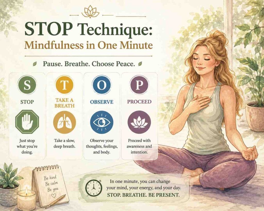 A soft watercolor-style mindfulness infographic featuring a young woman sitting calmly with one hand on her heart in a peaceful plant-filled room. The image explains the STOP Technique, Stop, Take a Breath, Observe, and Proceed, with colorful icons and gentle pastel tones.