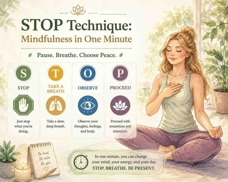 A soft watercolor-style mindfulness infographic featuring a young woman sitting calmly with one hand on her heart in a peaceful plant-filled room. The image explains the STOP Technique, Stop, Take a Breath, Observe, and Proceed, with colorful icons and gentle pastel tones.
