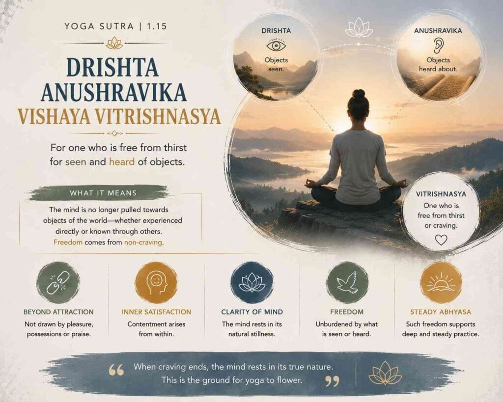 A serene Yoga Sutra 1.15 infographic with soft earthy tones, featuring a meditating figure overlooking mountains and symbolic circles representing freedom from craving for seen and heard objects.