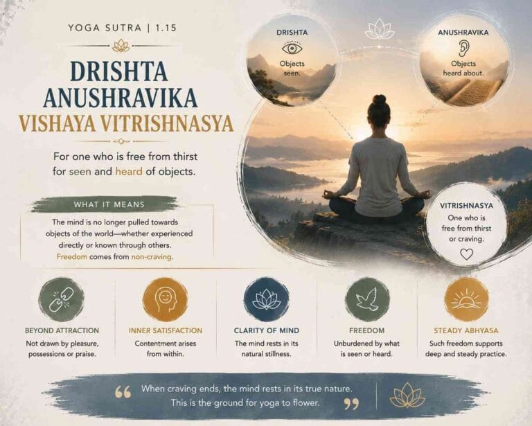 A serene Yoga Sutra 1.15 infographic with soft earthy tones, featuring a meditating figure overlooking mountains and symbolic circles representing freedom from craving for seen and heard objects.