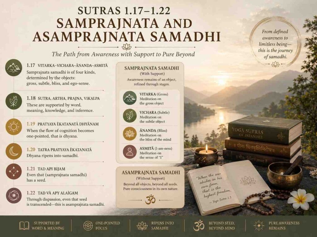 An educational infographic on Yoga Sutras 1.17–1.22 explaining Samprajnata and Asamprajnata Samadhi. The design features a serene mountain and river landscape at sunrise, sacred yogic symbols, candles, mala beads, and Yoga Sutra books. The infographic visually explains the stages of Samprajnata Samadhi, Vitarka, Vichara, Ananda, and Asmita, and contrasts them with the transcendental state of Asamprajnata Samadhi.