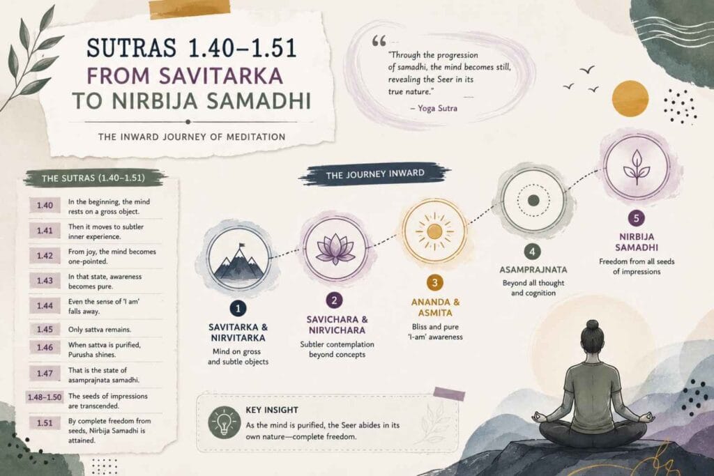 A modern minimalist infographic on Yoga Sutras 1.40–1.51 featuring abstract meditation symbols, soft earthy tones, and a visual journey from Savitarka to Nirbija Samadhi through stages of concentration, bliss, subtle awareness, and seedless samadhi.
