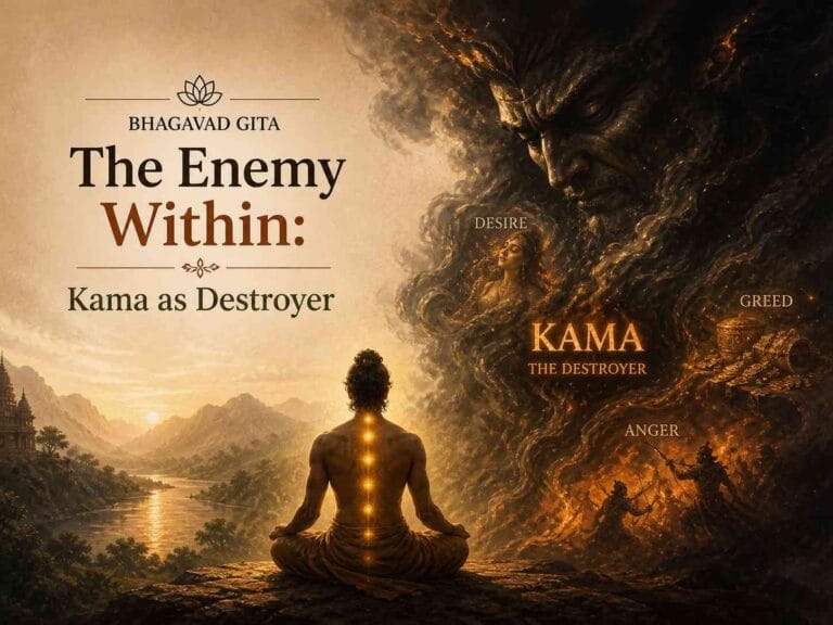 A dramatic spiritual illustration of a meditating figure sitting before a dark cosmic force representing Kama (desire), surrounded by fiery smoke, symbols of greed and anger, and a glowing spine of inner energy. The title “The Enemy Within: Kama as Destroyer” appears beside the scene.