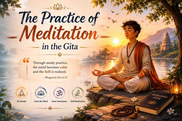 An illustrated meditation-themed artwork inspired by the Bhagavad Gita, showing a young animated character meditating peacefully beside a glowing riverside at sunrise with soft spiritual colors and minimal text.