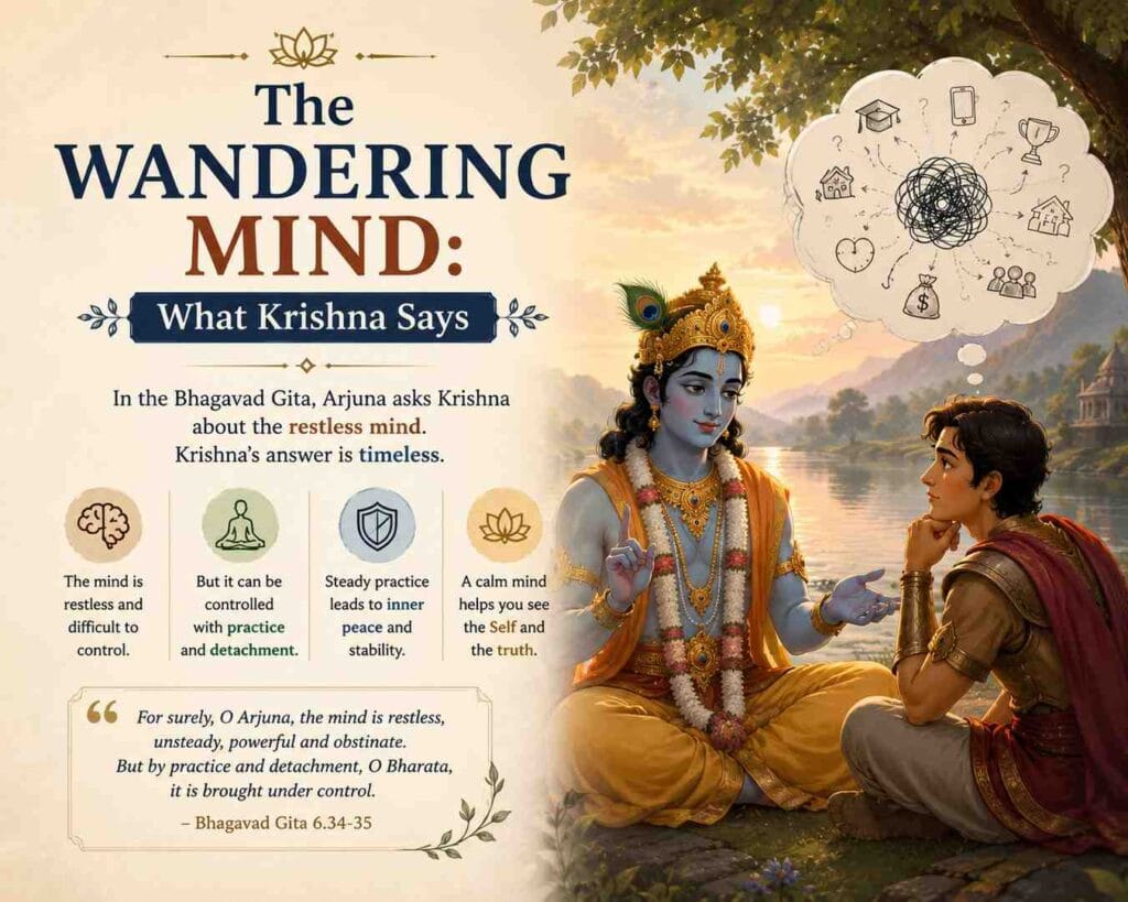 An illustrated Bhagavad Gita-inspired artwork showing Krishna teaching Arjuna about the restless wandering mind beside a peaceful riverside at sunset, with soft spiritual colors and reflective visual symbolism.
