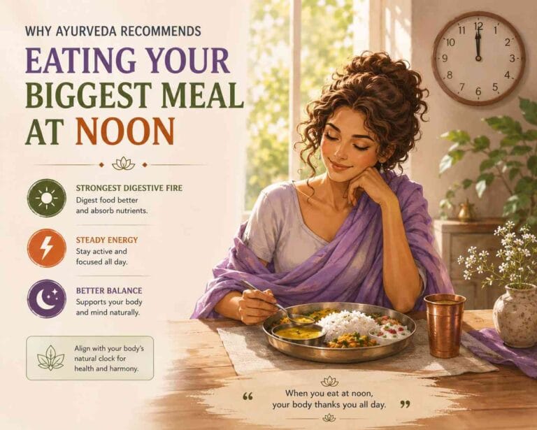 A warm Ayurvedic-style illustration of a curly-haired woman enjoying a nourishing lunch at noon near a sunlit window, alongside minimal wellness icons and text about digestion, energy, and balance.