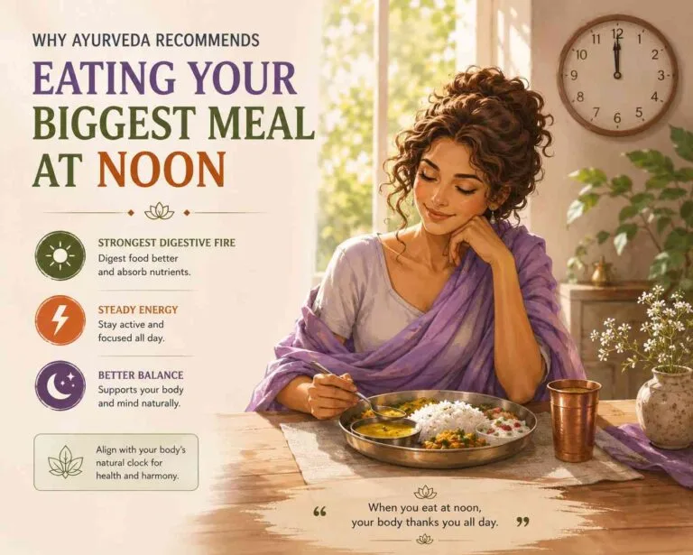 A warm Ayurvedic-style illustration of a curly-haired woman enjoying a nourishing lunch at noon near a sunlit window, alongside minimal wellness icons and text about digestion, energy, and balance.