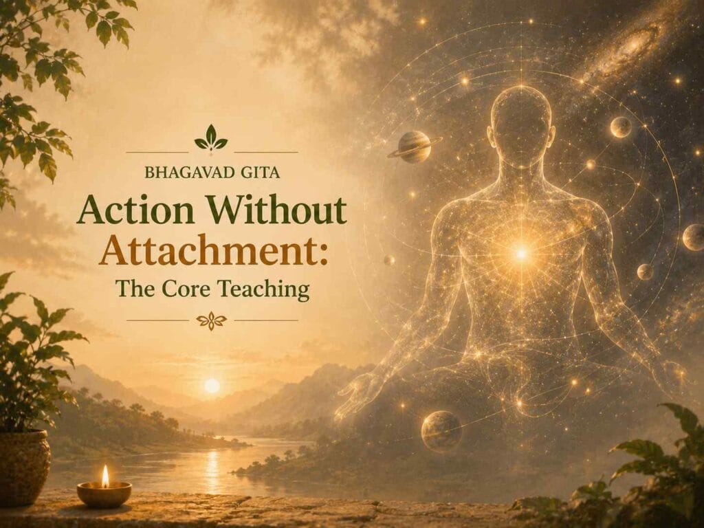 A cosmic-inspired illustration featuring a glowing human figure made of light and stars, surrounded by planets and celestial energy above a peaceful river landscape at sunset. The title “Action Without Attachment: The Core Teaching” appears beside the figure.