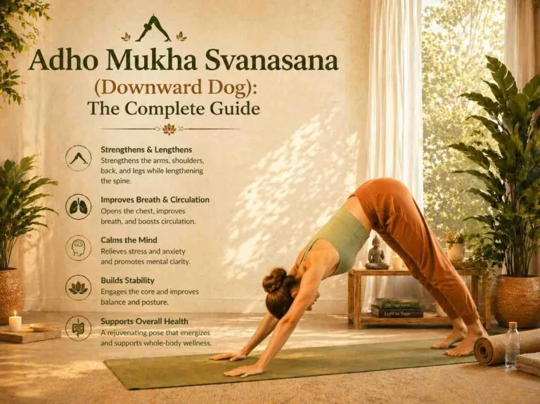A warm sunlit yoga studio featuring a woman practicing Adho Mukha Svanasana (Downward Dog Pose) on a yoga mat, surrounded by plants and soft natural decor. Informative icons and short wellness benefits appear beside the pose.