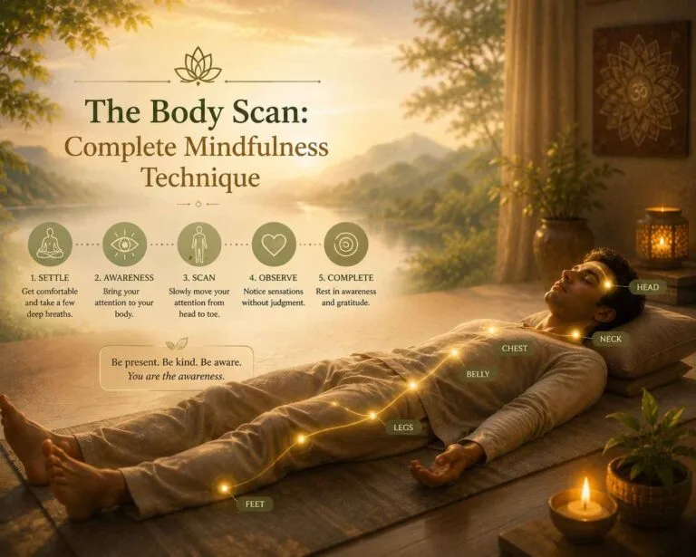 A calming mindfulness illustration showing a person lying peacefully during a body scan meditation, with glowing points of awareness flowing from head to feet in a serene candlelit room overlooking nature. The title “The Body Scan: Complete Mindfulness Technique” appears beside step-by-step mindfulness icons.