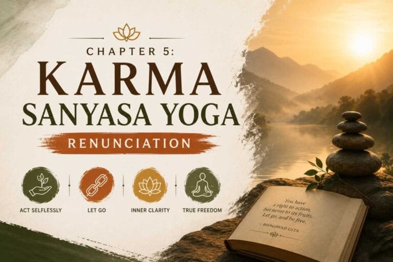 Cinematic spiritual blog banner for Chapter 5 of the Bhagavad Gita, featuring a peaceful sunrise over mountains, stacked stones, an open scripture, and symbolic icons representing selfless action, detachment, inner clarity, and liberation in warm earthy tones.