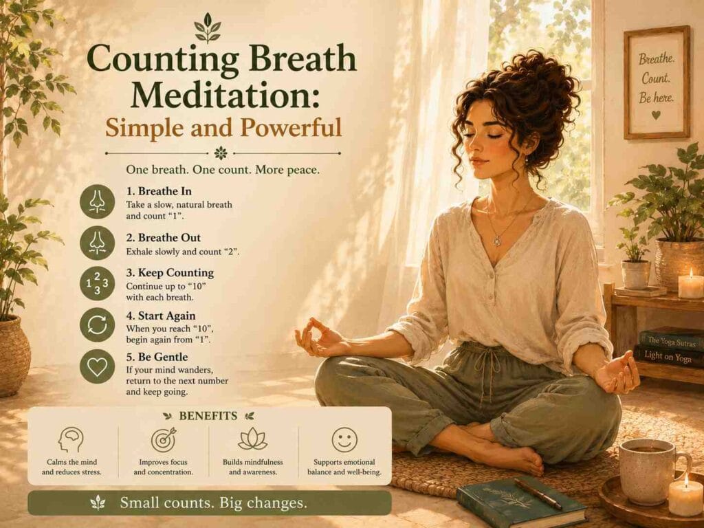 A warm illustrated mindfulness poster featuring a woman practicing counting breath meditation in a peaceful sunlit room, sitting calmly with relaxed hand gestures while step-by-step breathing instructions and meditation benefits appear beside her.