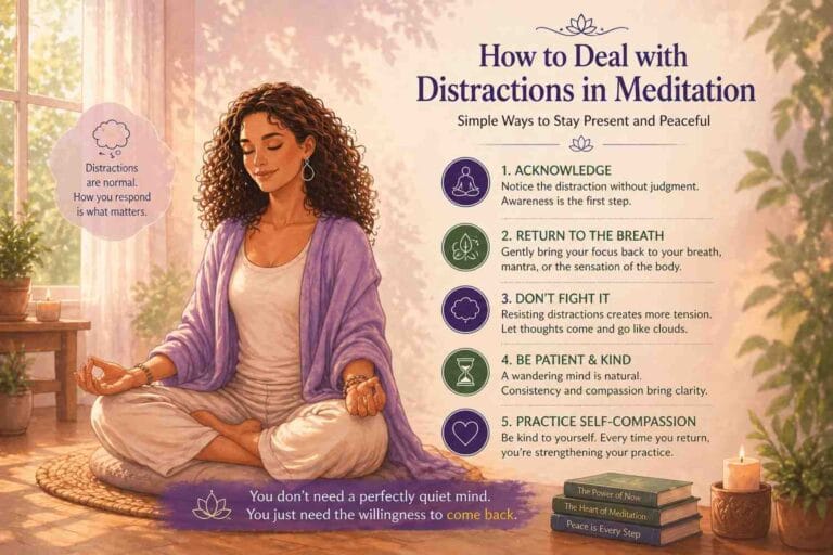 An illustrated, warm-toned scene of a woman sitting cross-legged in meditation inside a sunlit room, surrounded by plants and candles, with a clean layout showing simple steps to handle distractions during meditation.