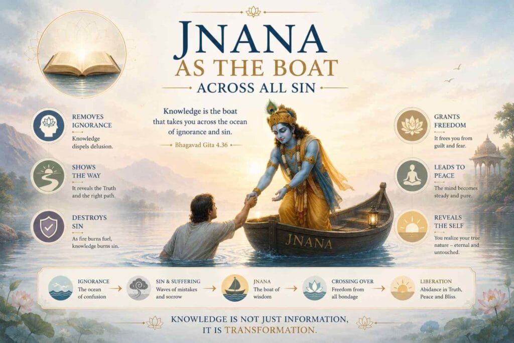 A serene spiritual illustration titled “Jnana as the Boat Across All Sin,” depicting Lord Krishna helping a seeker from the water into a symbolic boat named “Jnana.” Surrounded by calm waters, lotus flowers, soft sunrise light, and sacred imagery, the infographic explains how spiritual knowledge removes ignorance, grants peace, and leads toward liberation.