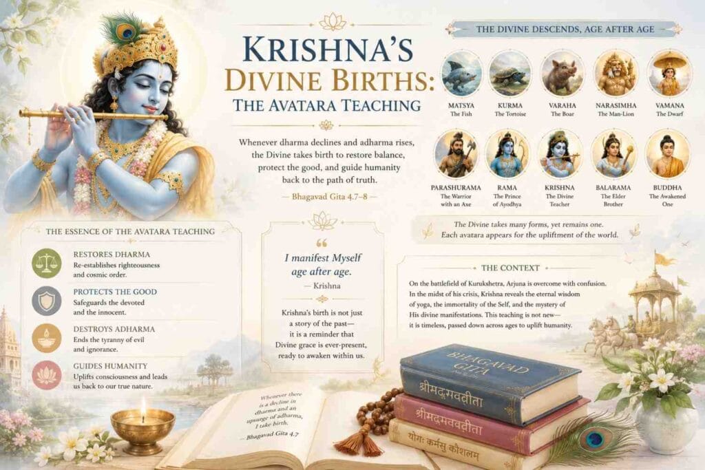 A soft pastel-toned spiritual infographic titled “Krishna’s Divine Births: The Avatara Teaching,” featuring a serene depiction of Lord Krishna playing the flute alongside illustrations of various avatars such as Matsya, Kurma, Rama, and Buddha. The design includes Bhagavad Gita teachings about dharma, divine manifestation, and the restoration of cosmic balance, surrounded by sacred books, flowers, and traditional Indian motifs.