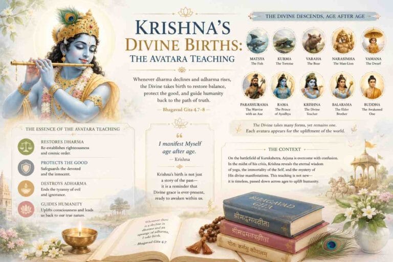 A soft pastel-toned spiritual infographic titled “Krishna’s Divine Births: The Avatara Teaching,” featuring a serene depiction of Lord Krishna playing the flute alongside illustrations of various avatars such as Matsya, Kurma, Rama, and Buddha. The design includes Bhagavad Gita teachings about dharma, divine manifestation, and the restoration of cosmic balance, surrounded by sacred books, flowers, and traditional Indian motifs.