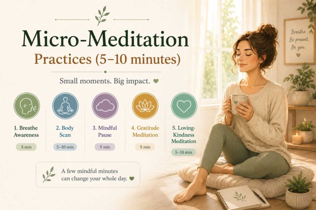 A soft minimalist illustration of a woman practicing micro-meditation in a cozy sunlit room, with simple pastel icons representing short mindfulness practices like breath awareness, body scan, and gratitude meditation.