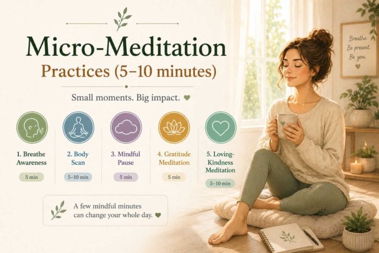A soft minimalist illustration of a woman practicing micro-meditation in a cozy sunlit room, with simple pastel icons representing short mindfulness practices like breath awareness, body scan, and gratitude meditation.