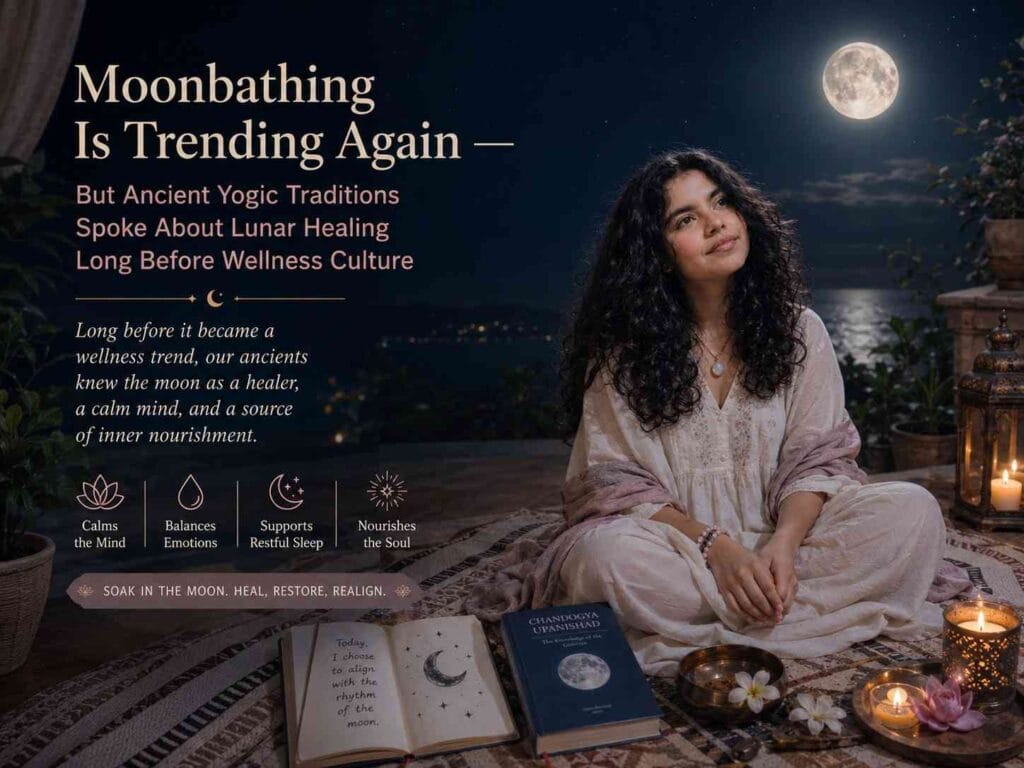 A moonlit rooftop wellness scene featuring a young woman in flowing white clothing sitting peacefully under a glowing full moon. Surrounded by candles, flowers, crystals, and ancient yogic texts, she reflects quietly while soft lunar light fills the night sky. The image represents the concept of moonbathing and ancient yogic lunar healing practices.