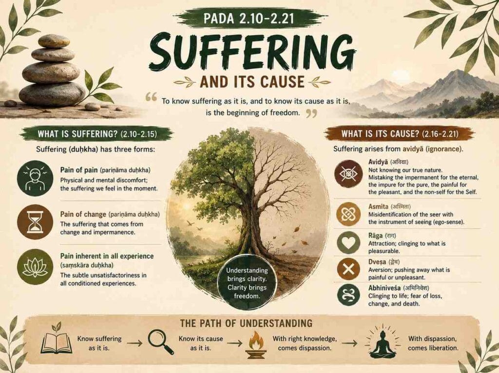 A calming infographic on Yoga Sutras Pada 2.10–2.21 explaining suffering and its causes through earthy green tones, symbolic illustrations, and visual sections on ignorance, attachment, aversion, ego, and fear, centered around a tree representing inner transformation.