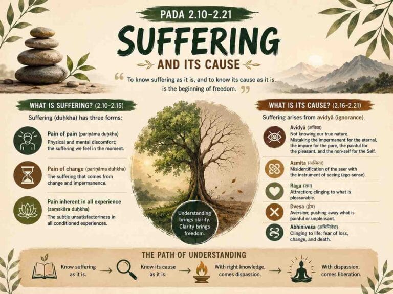 A calming infographic on Yoga Sutras Pada 2.10–2.21 explaining suffering and its causes through earthy green tones, symbolic illustrations, and visual sections on ignorance, attachment, aversion, ego, and fear, centered around a tree representing inner transformation.
