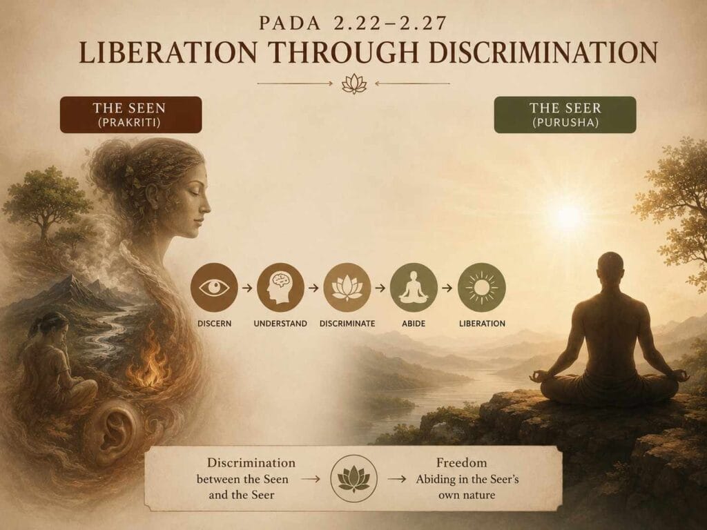 Earthy-toned yogic artwork showing the path from the seen world to inner liberation, with a meditating figure, natural landscapes, and symbols of awareness and discrimination.