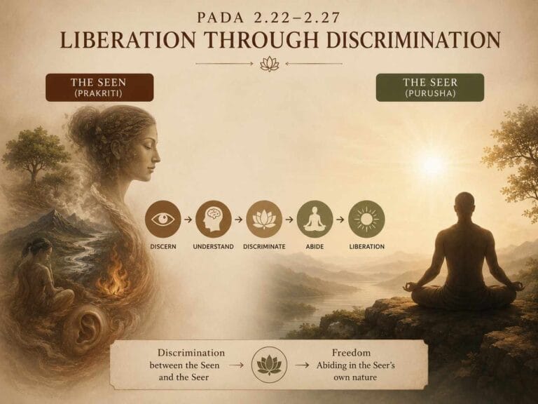 Earthy-toned yogic artwork showing the path from the seen world to inner liberation, with a meditating figure, natural landscapes, and symbols of awareness and discrimination.