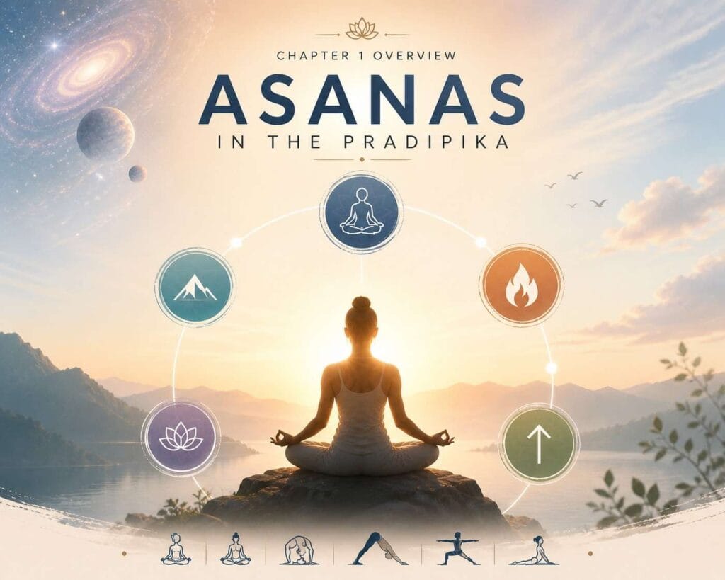 A minimalist yoga-themed illustration showing a person meditating at sunrise by a lake, surrounded by simple circular icons representing body, mind, balance, practice, and mastery.