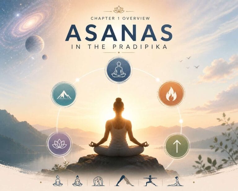 A minimalist yoga-themed illustration showing a person meditating at sunrise by a lake, surrounded by simple circular icons representing body, mind, balance, practice, and mastery.