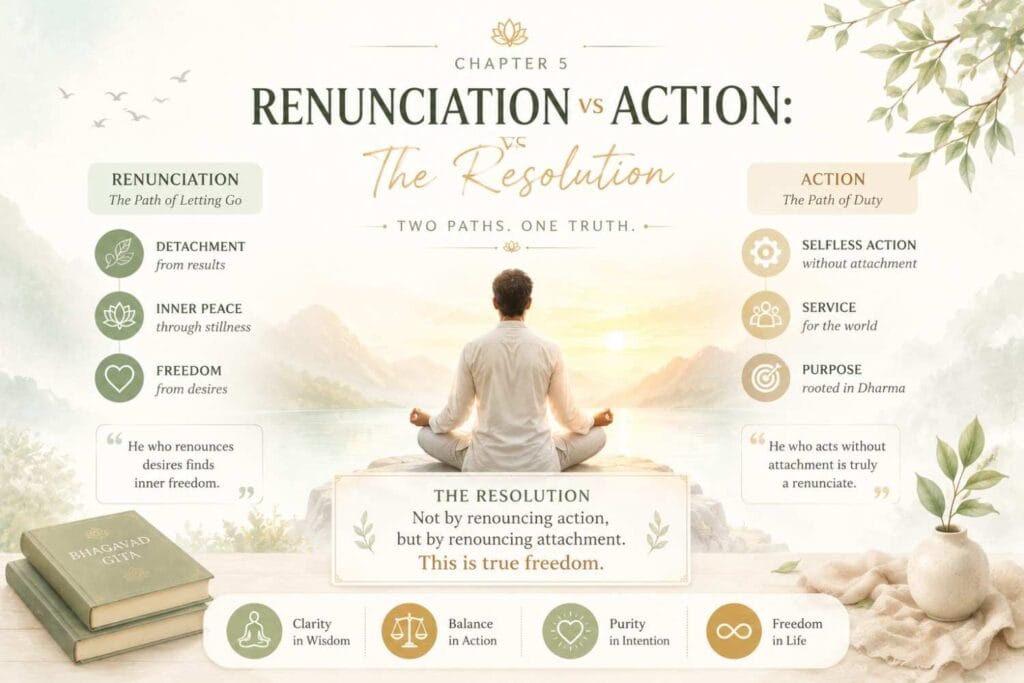 Soft pastel-toned spiritual illustration comparing renunciation and action in Chapter 5 of the Bhagavad Gita, featuring a meditating figure by a calm lake, minimal icons, gentle greenery, and themes of detachment, service, balance, and inner freedom.