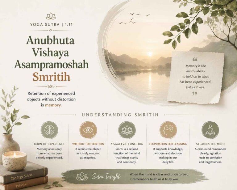 A soft minimalist Yoga Sutra 1.11 infographic in sage and cream tones featuring nature-inspired elements, calming icons, and symbolic visuals explaining Smritih as memory, the retention of experienced impressions without distortion.