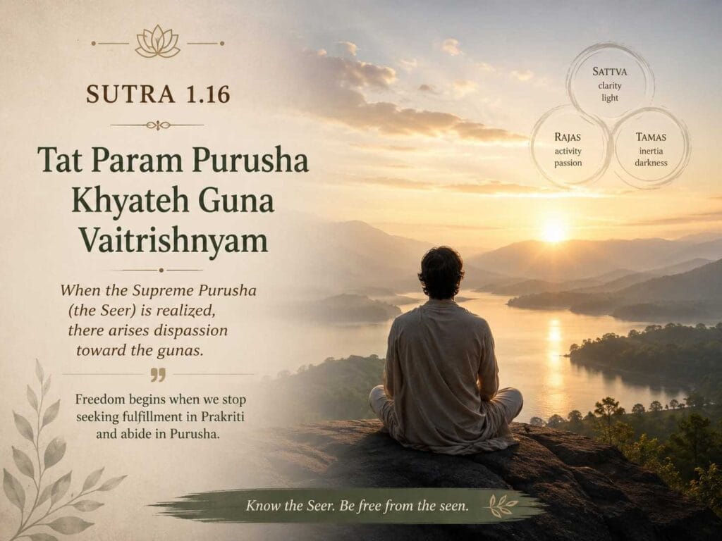 A serene spiritual illustration for Yoga Sutra 1.16 showing a meditating figure seated on a mountain cliff at sunrise, overlooking a peaceful river valley. The image includes the Sanskrit sutra “Tat Param Purusha Khyateh Guna Vaitrishnyam,” along with an explanation about dispassion toward the three gunas, Sattva, Rajas, and Tamas, symbolizing higher vairagya and realization of Purusha.