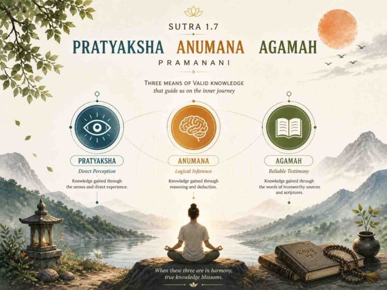 A soft, nature-inspired illustration of a person meditating by a calm river with mountains in the background, surrounded by three symbolic icons representing Pratyaksha (direct perception), Anumana (logical inference), and Agamah (reliable testimony).