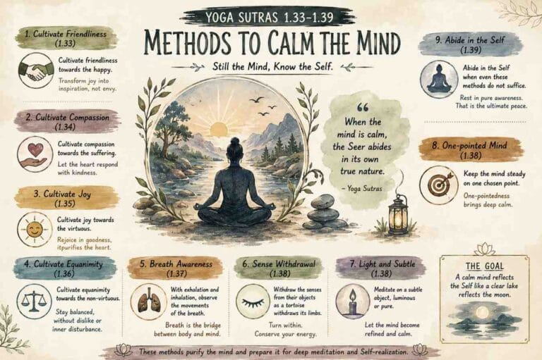 A creative hand-drawn infographic on Yoga Sutras 1.33–1.39 featuring calming mind practices such as compassion, breath awareness, equanimity, concentration, and meditation, illustrated with soft earthy tones and peaceful spiritual symbols.