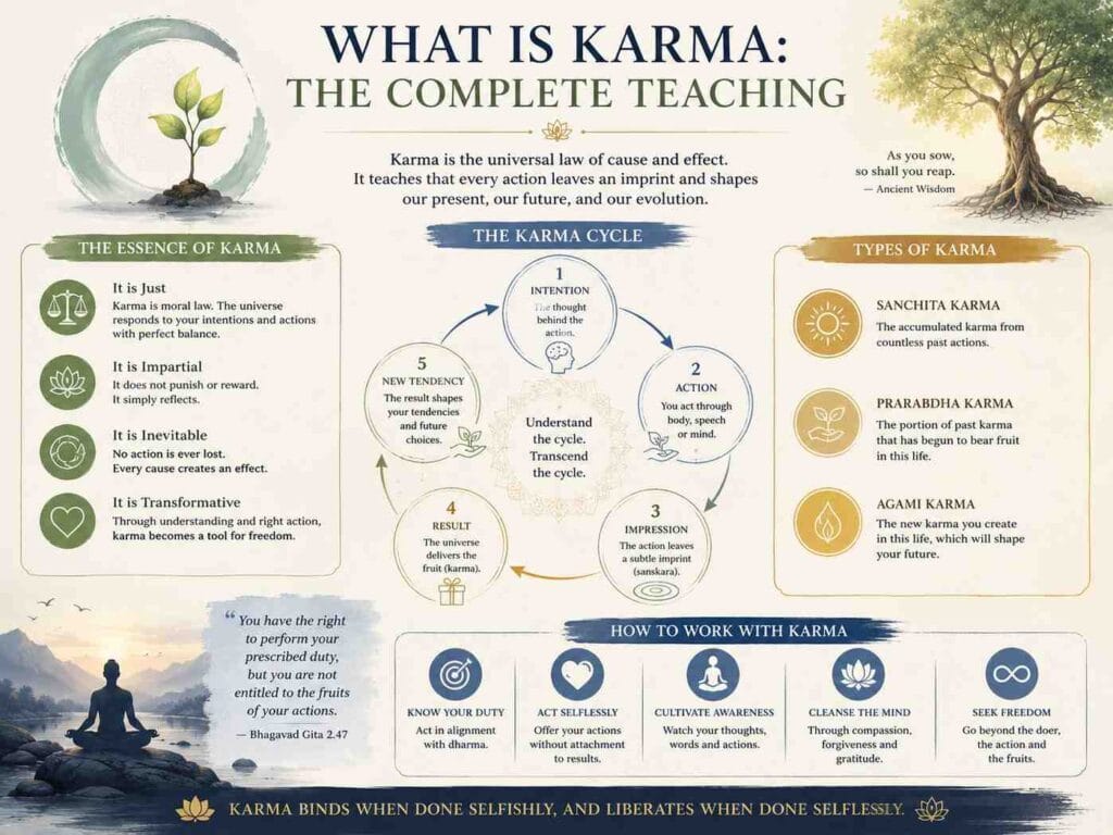 A calming infographic titled “What Is Karma: The Complete Teaching” featuring a nature-inspired design with soft earthy tones, symbolic illustrations, and circular diagrams explaining the karma cycle. The image explores the essence of karma, its different types, and practical ways to work with karma through awareness, selfless action, and spiritual growth.